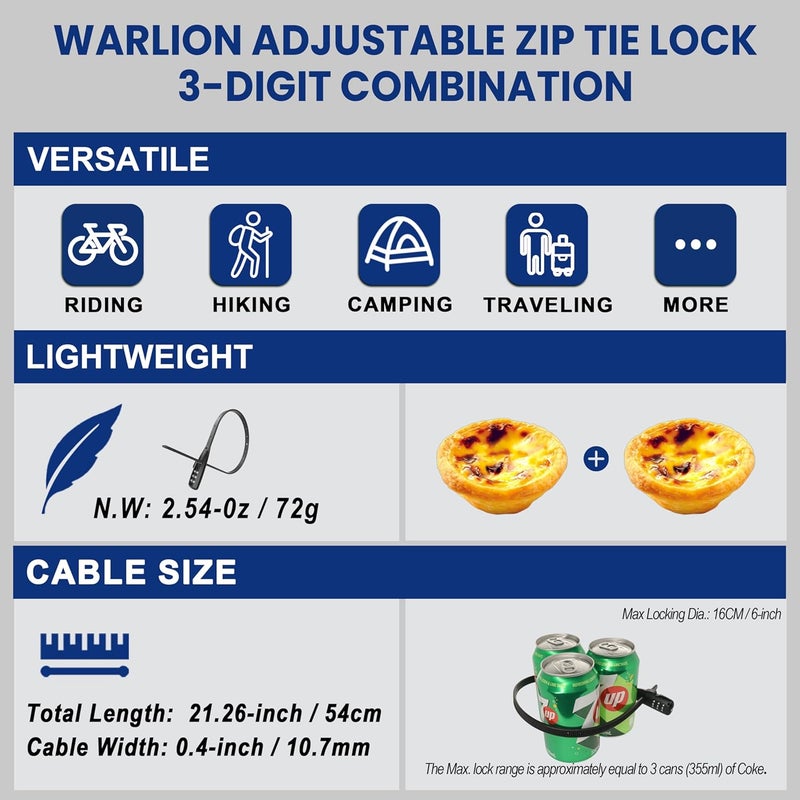 WARLION Zip Tie Lock - 3-Digit Adjustable Cable Lock, for Bike Rack, Motorcycle Helmet, Skateboard, Skis, French Door, Stroller & Cabinet - Ideal for Lightweight Security (4 Pack) - Image 3
